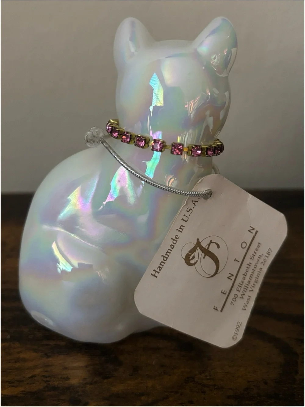 Vintage Fenton Opal Iridescent October Cat ~ Rose Zircon  - UV Glow - Marked